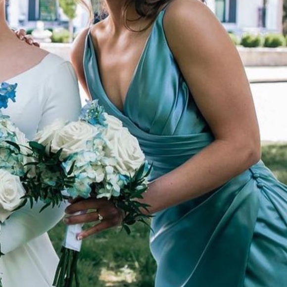 Charmeuse Draped Strappy Bridesmaid Dress, Dusty Blue color, in size 2. - Picture 3 of 4